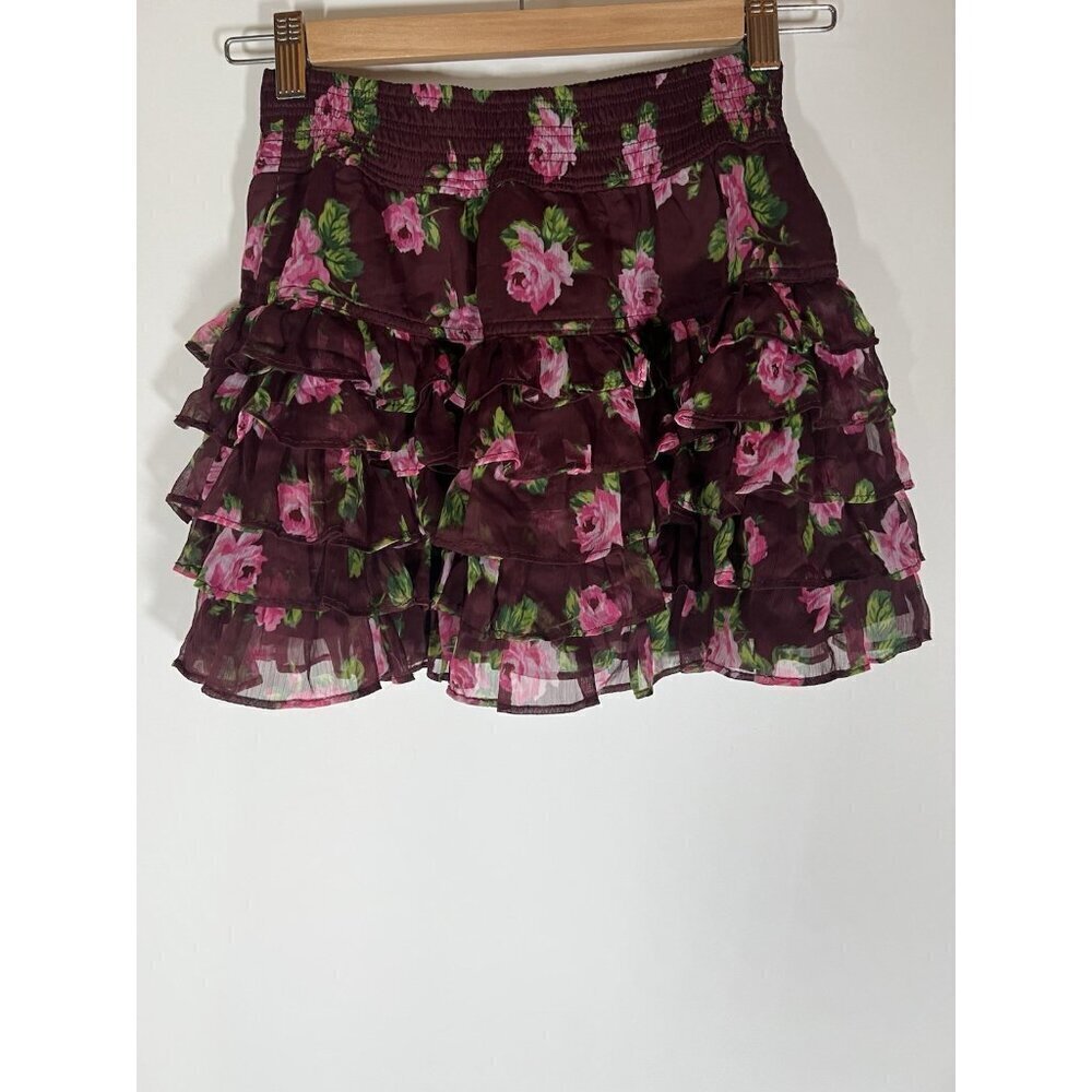 Abercrombie & Fitch maroon floral tiered ruffle mini skirt XS whimsigoth cottage